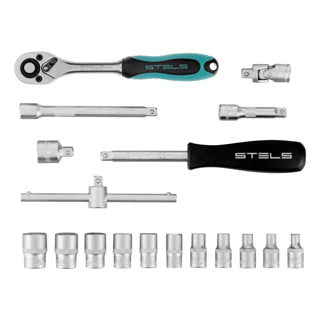 Набор торцевых головок с трещоткой, 1/4" 18 предметов Stels