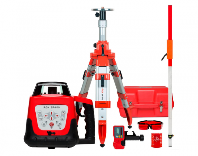 Комплект: ротационный нивелир RGK SP-610 + штатив, рейка