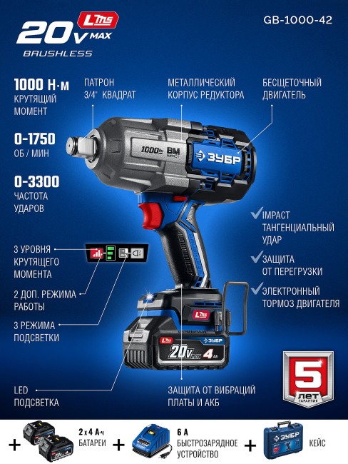 Ударный гайковерт ПРОФЕССИОНАЛ GB-1000-42 ЗУБР 20 В, 1000 Н·м, 2 АКБ LMS (4 А·ч)